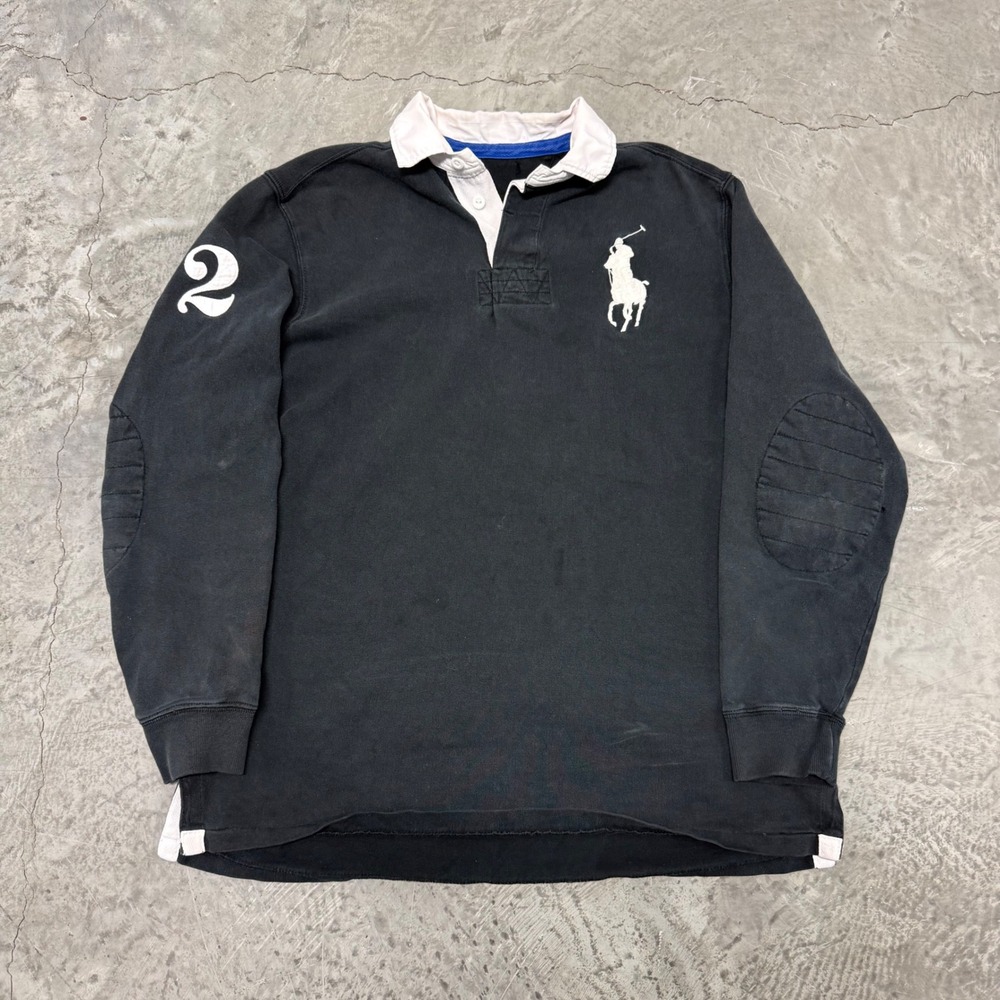 Polo Ralph Lauren Big Pony Rugby Shirt Mens Black Long Sleeve Elbow Patch 2 L